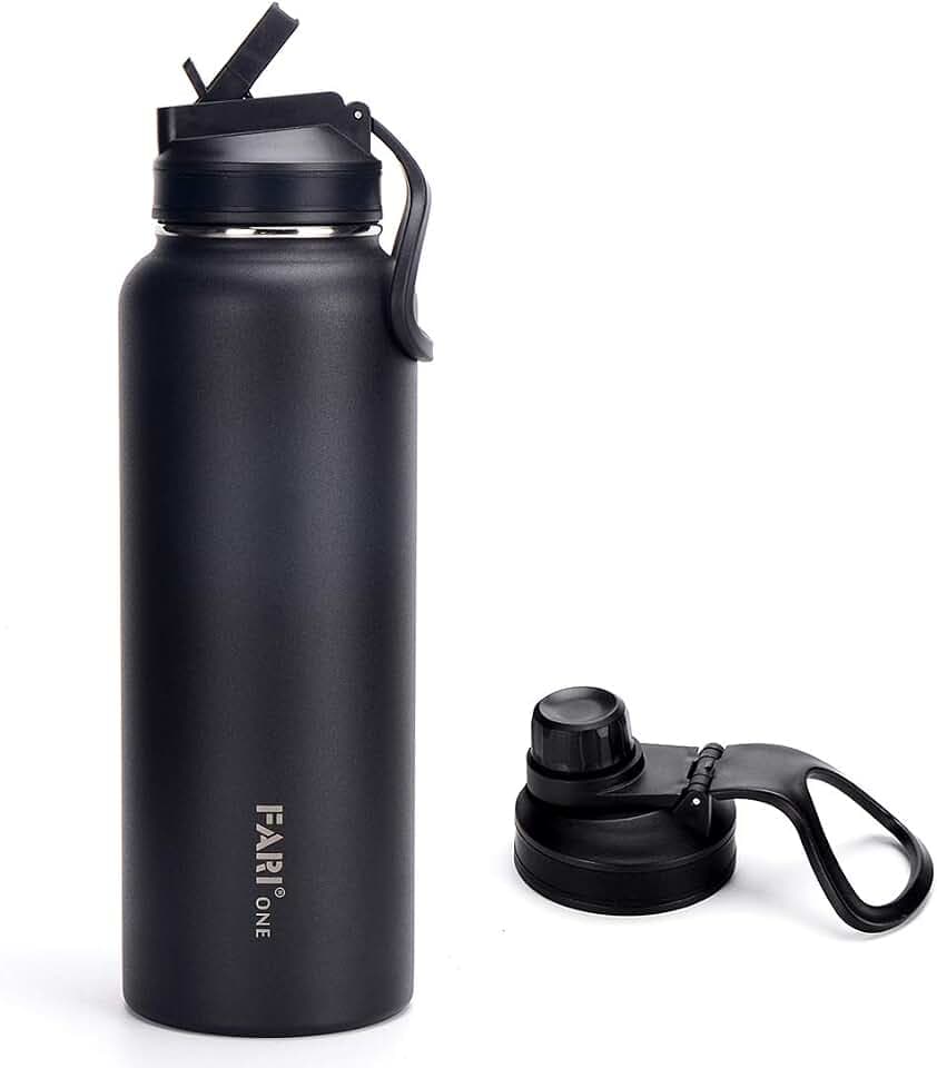 FARI Sport-Trinkflasche mit Strohhalm und Ausgießer-Deckel – 660/960/1200ml, doppelwandig, vakuumisoliert, Edelstahl mit breiter Öffnung, um Getränke kalt oder heiß zu halten (1200ml, schwarz)