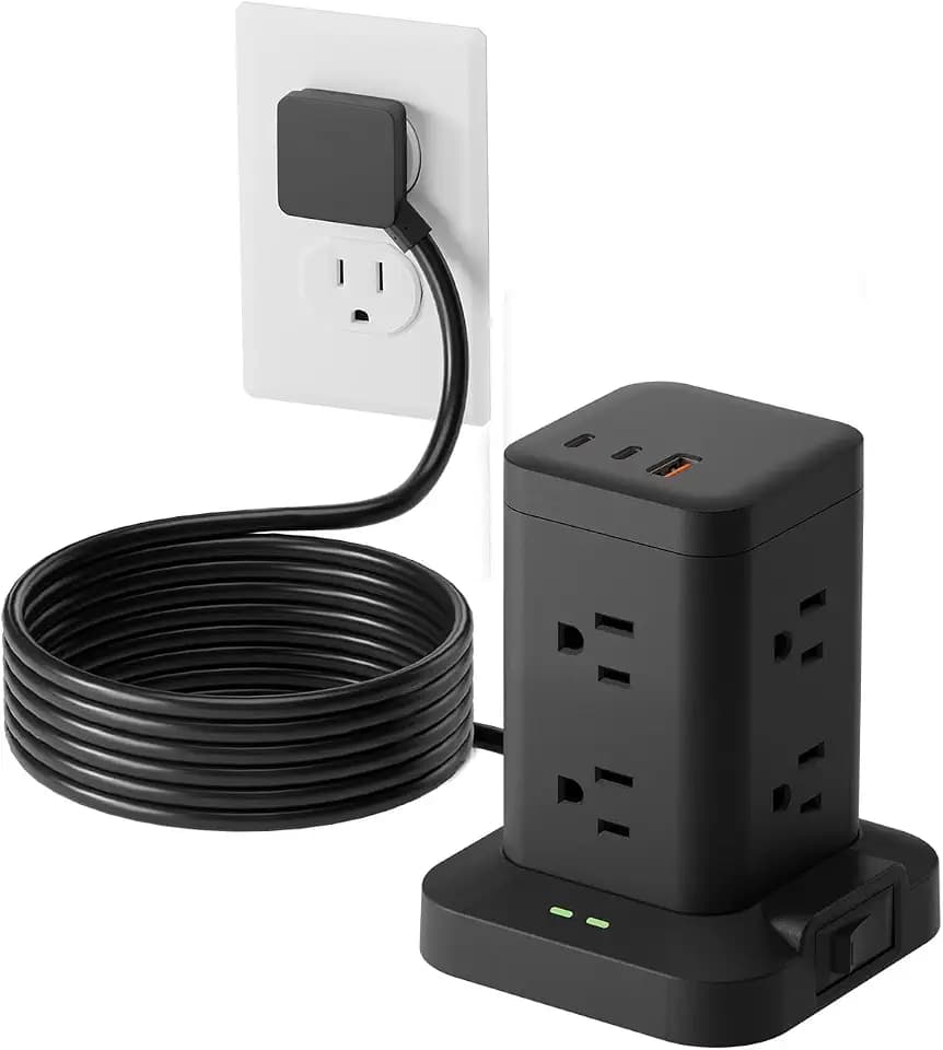 2Pack 10FT Extension Cord Black Flat Plug Power Strip Surge Protector 1800J