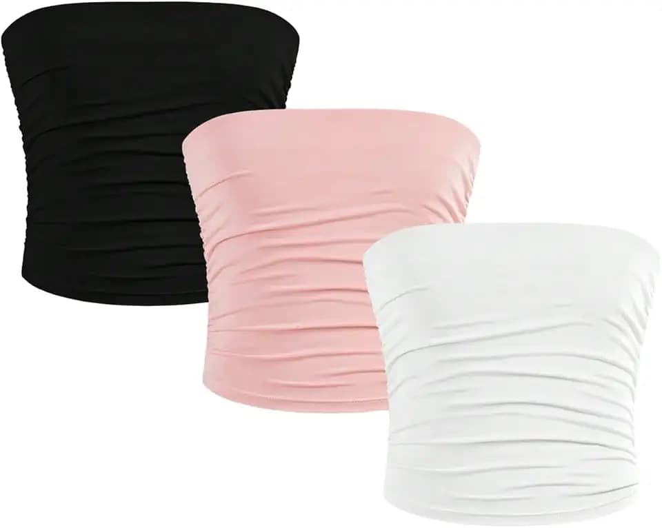 Milumia 3 Pack Shirt Ruched Strapless Sleeveless Bandeau Tube Tops