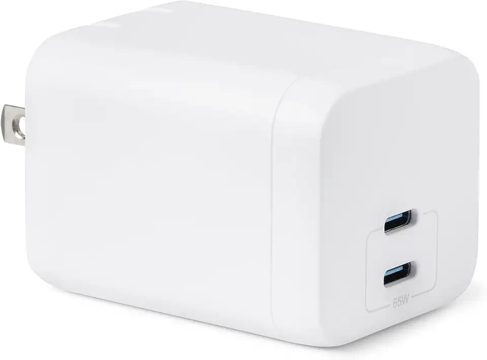 Amazon Basics 65W Fast Charging GaN USB-C Wall Charger, 2-Port for Laptops, Tablets, Phones, Compact Travel-Friendly Size, White