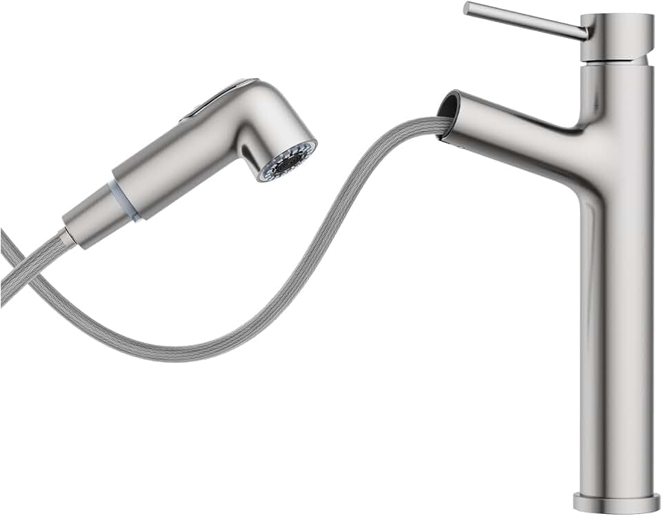 HURRAN Wasserhahn Bad, Hohe Waschtischarmatur, Ausziehbare Waschbecken Armaturen mit 2 Auslaufvarianten, Einhebelmischer Waschbecken aus Edelstahl, Níquel Cepillado, Gebürstetes Nickel