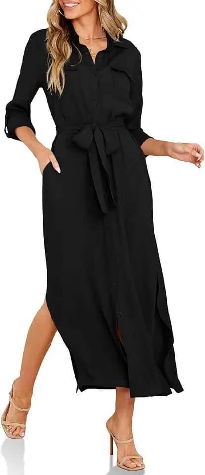 Wenrine Womens Button Down Collared Shirt Dresses Belted Flowy Midi Dress
