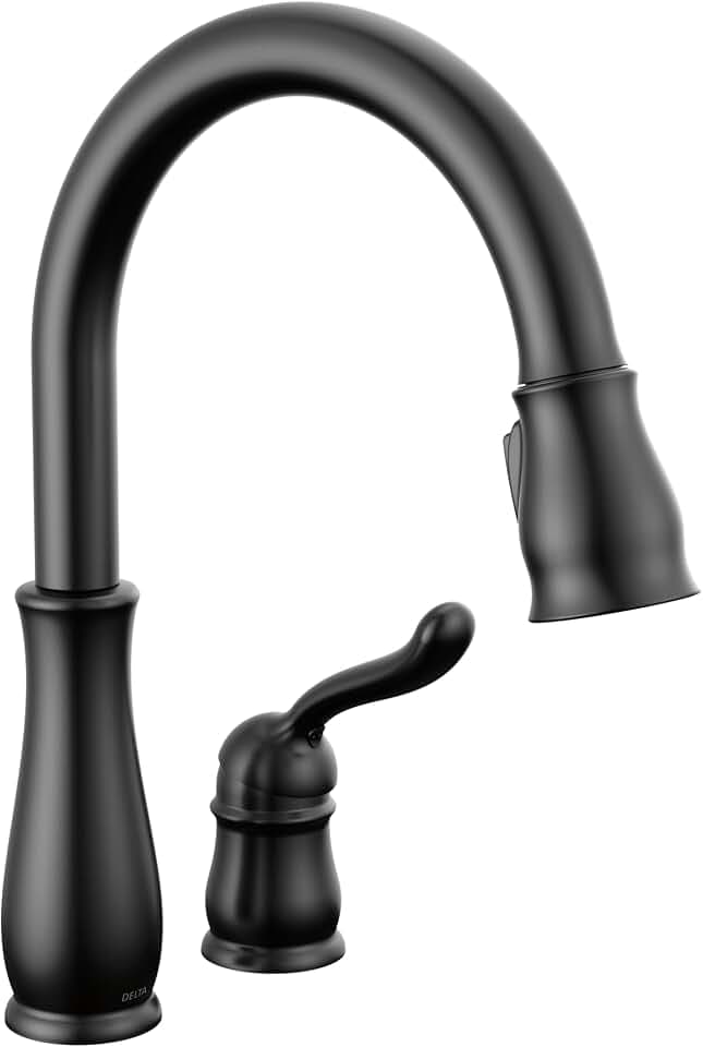 Delta Leland Matte Black Kitchen Faucet with Pull Down Sprayer, Traditional Single Hole Kitchen Sink Faucet, Single Handle, Matte Black 978-BL-DST