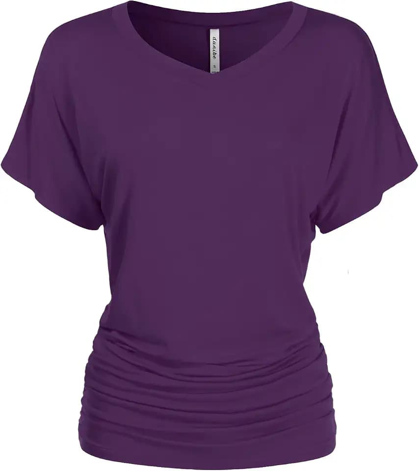 Women's Short Sleeve V-Neck Casual Dolman Top with Side Shirring (S-XXL)