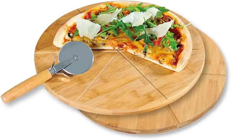 Kesper | 2 Pizzateller mit 1 Pizzaschneider, Material: FSC®-zertifizierter Bambus, Edelstahl, Maße: ø 32 cm/Stärke: 1 cm, Farbe: Braun |58465