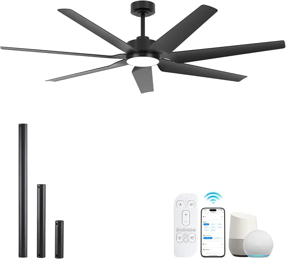 65" Modern Black Smart Ceiling Fan with Light, 7 Propeller ABS Large Blades
