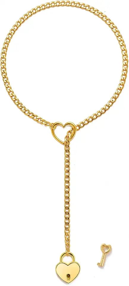 Sroyte Women's Stainless Steel Heart O-Ring Adjustable Lariat Y-Necklace Punk Long Cuban Lock Necklace with Key