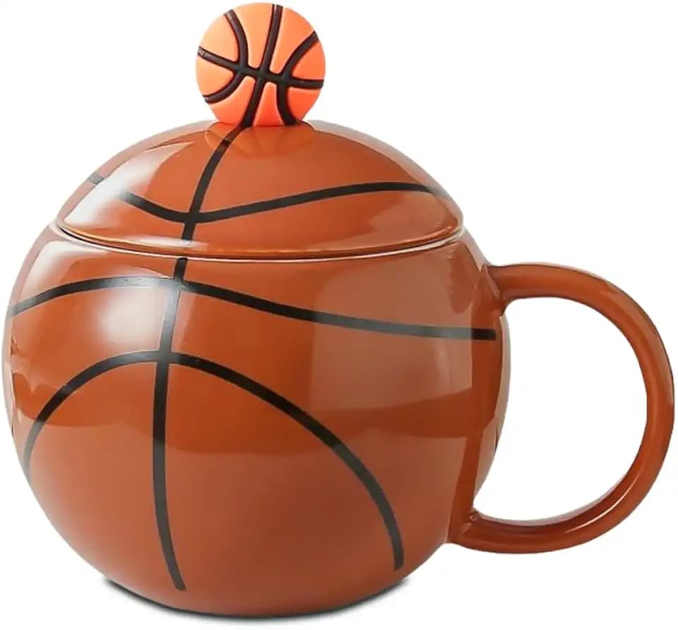 ZONSUSE Lustige Basketball Kaffeetasse, Kreative Basket-ball Tasse, Basketball Keramik Becher, Ideen Geschenk für Männer Frauen Jungs Mädchen Geburtstag Feiertag 420ml (Basket-ball A Ohne Löffel)