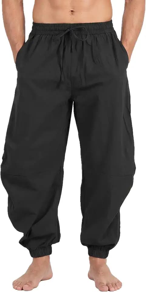 perdontoo Mens Casual Cotton Linen Pant Elastic Waist Drawstring Yoga Jogger Pants