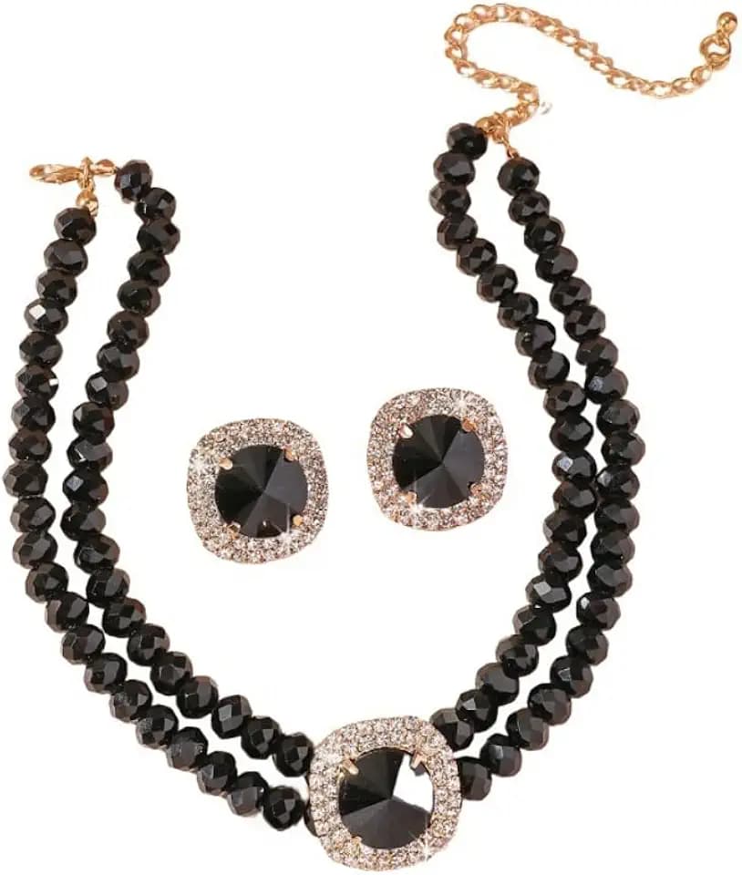 Dtja 2 PCS Layer Round Crystal Choker Necklace and Earring Set, Statement Jewelry for Women, Cubic Zirconia Stud Earrings for Wedding Prom Costume, 15 inches, 5 Colors