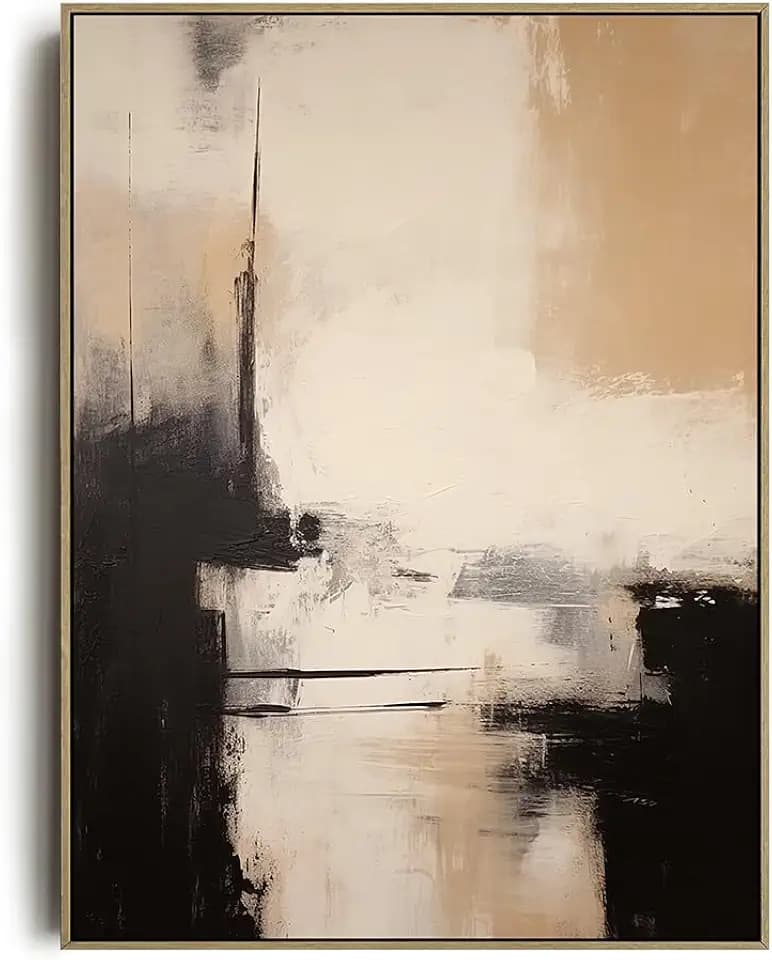 Abstract Earthy Neutral Minimalist Black Beige Wood Framed Canvas Wall Art for Bedroom - Mid Century Modern Brush Stroke 12x16 Ready to Hang Living Room - Home Office Bathroom - Moody Muted Aesthetic