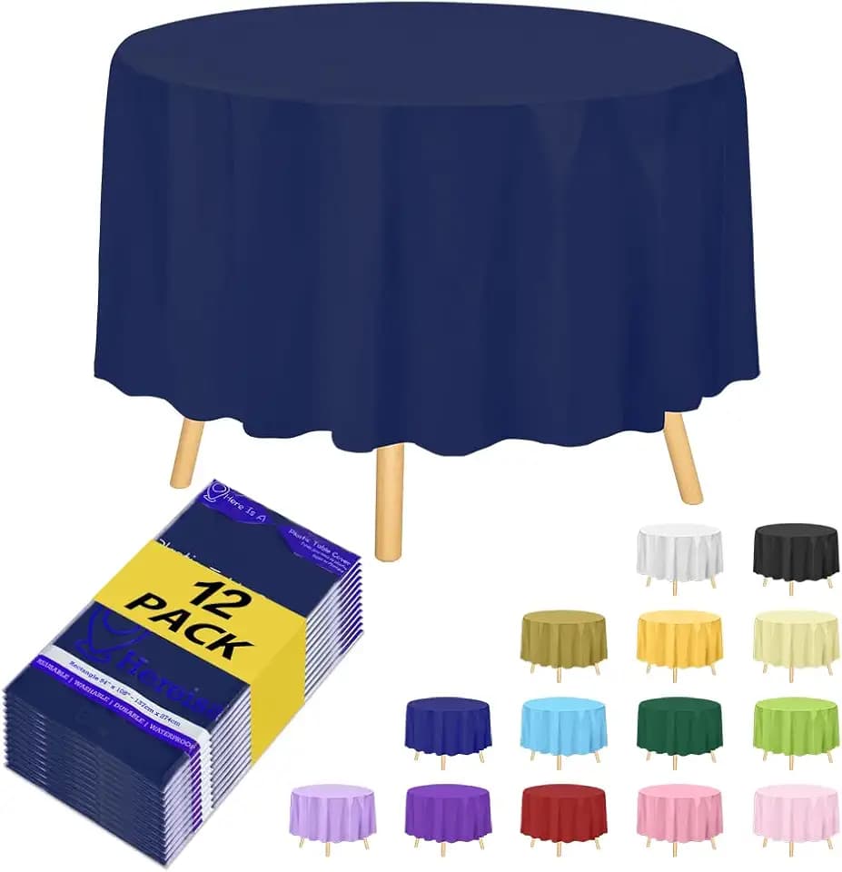 Plastic Table Cloth Disposable - 12 Pack, Disposable Table Cloths for Parties, Weddings, Decorative Round Tablecloths, 84'' Dark Blue Plastic Tablecloth, Leakproof & Sturdy, Navy Blue