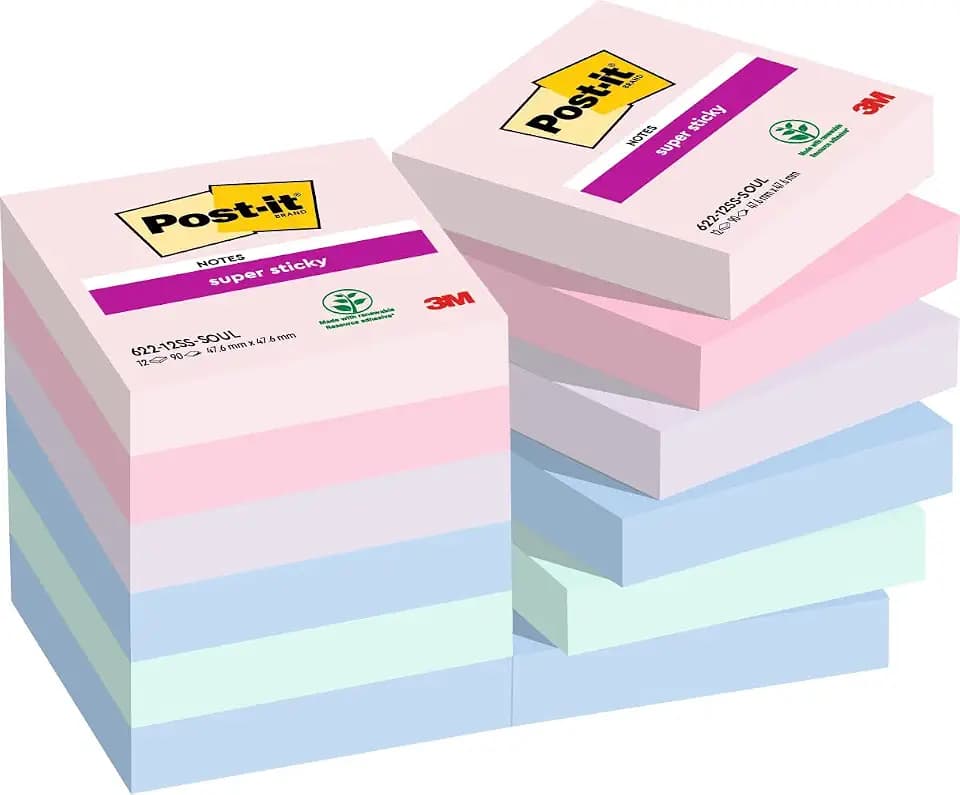 Post-it Super Sticky Notes Soulful Collection, 12 Blöcke, 90 Blatt pro Block, 47,6 mm x 47,6 mm, Pink, Lila, Grün, Grau, Blau