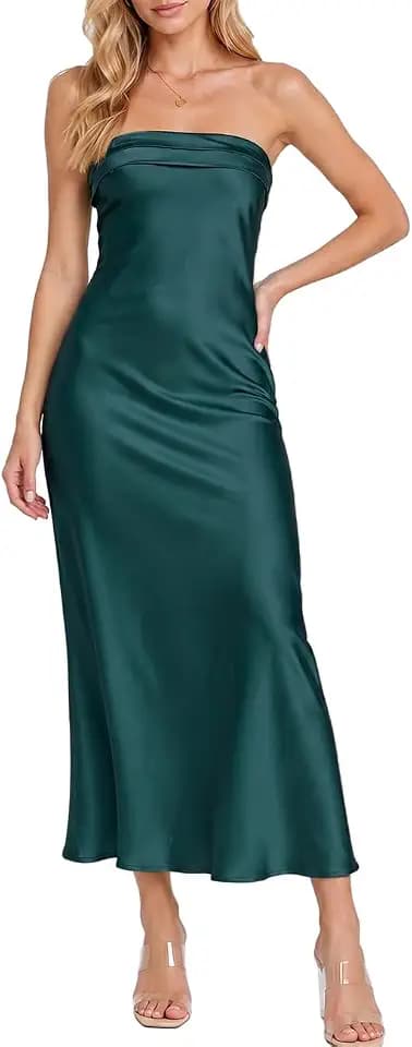 Realtix Schlauchkleid aus Satin-Seide, rückenfrei, Maxikleid für Damen, tiefer Rücken, elegant, trägerlos, langes Kleid, Hochzeitsgäste