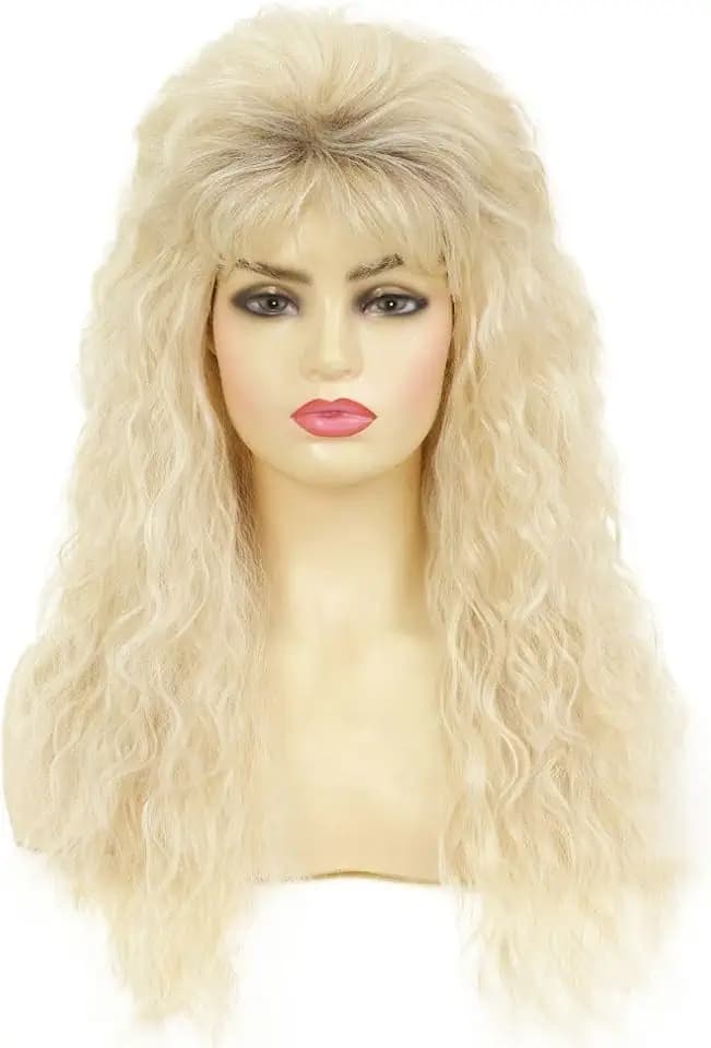 Blonde Long Curly Wig for Women 70s 80s Rocker Punk Wigs with Bangs Cosplay Halloween Costume Party Wigs