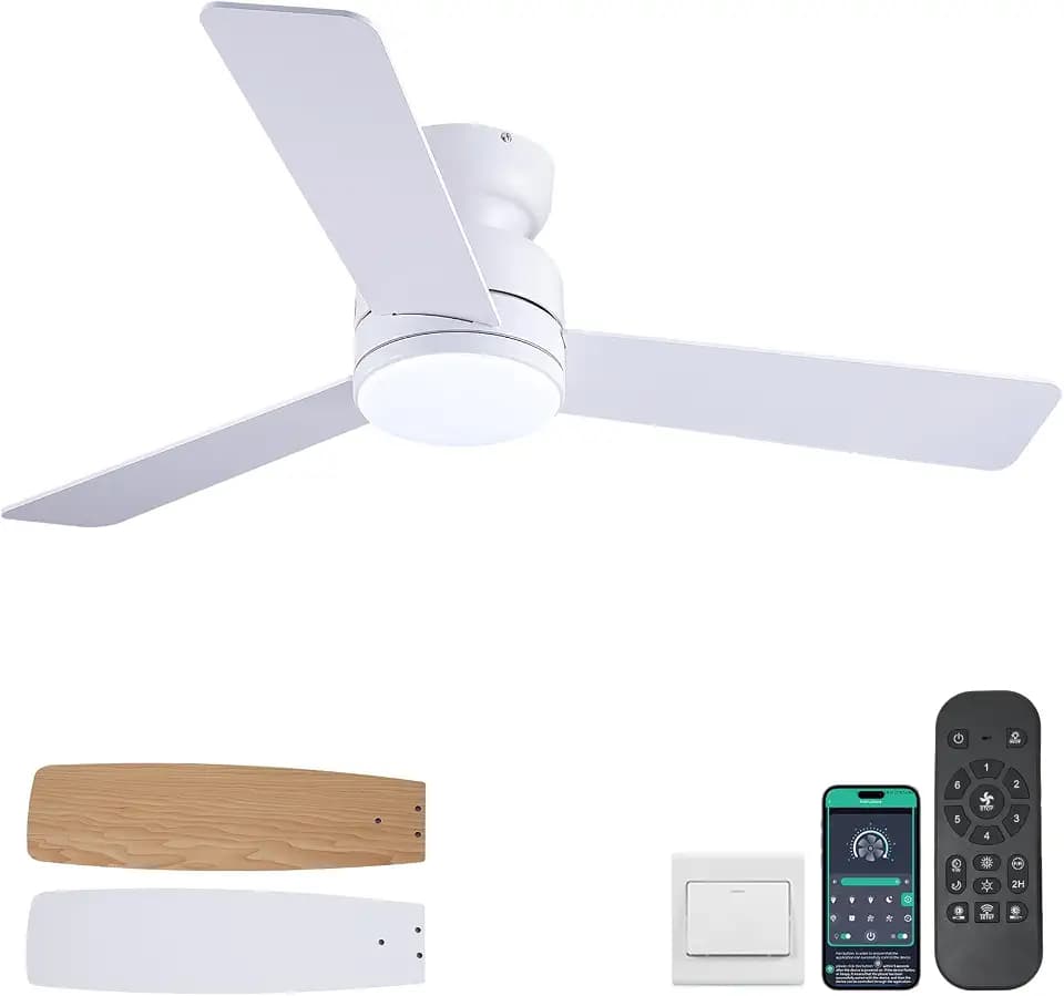 Kviflon 46 In Flush Mount Ceiling Fan with Light Remote/APP,3 Blades White