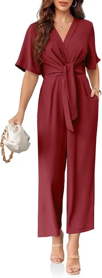Cicy Bell Women's Elegant V Neck Jumpsuits Dressy Casual Short Sleeve Wide Leg Long Pants Rompers