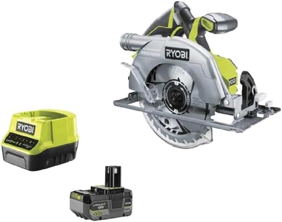 RYOBI 18 V ONE+ Brushless Akku-Handkreissäge R18CS7-140GZL (Sägeblatt-Ø 184mm, Schnitttiefe 90°/45° 60/42mm, werkzeuglose Tiefeneinstellung, inkl.Sägeblatt, Parallelanschlag, 4,0Ah Akku & Ladegerät)