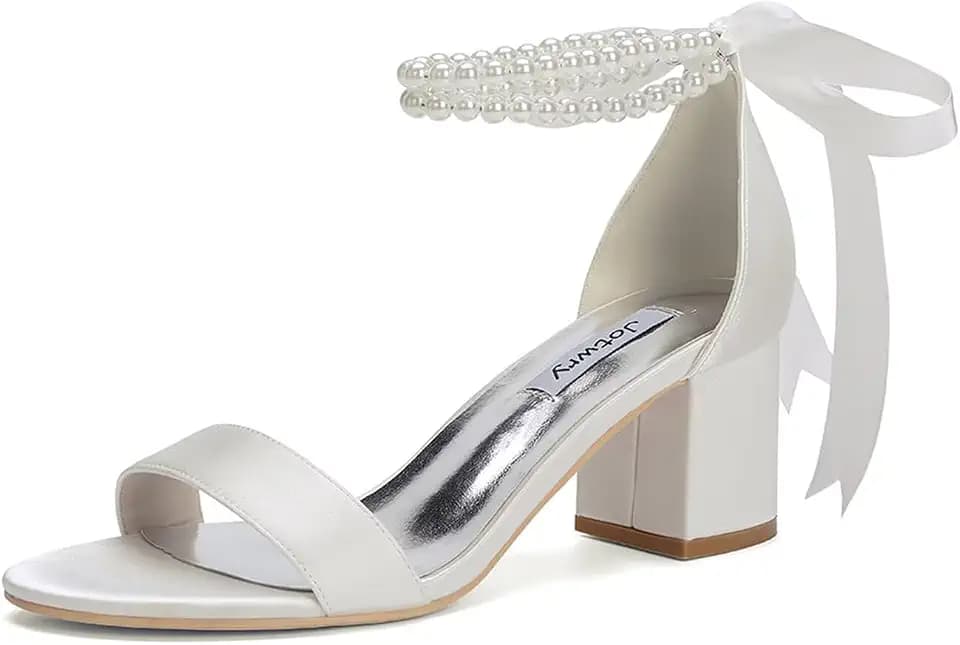 Pearl Heels Wedding Shoes for Bride Block Heel Wedding Sandals Open Toe Bridal Shoes