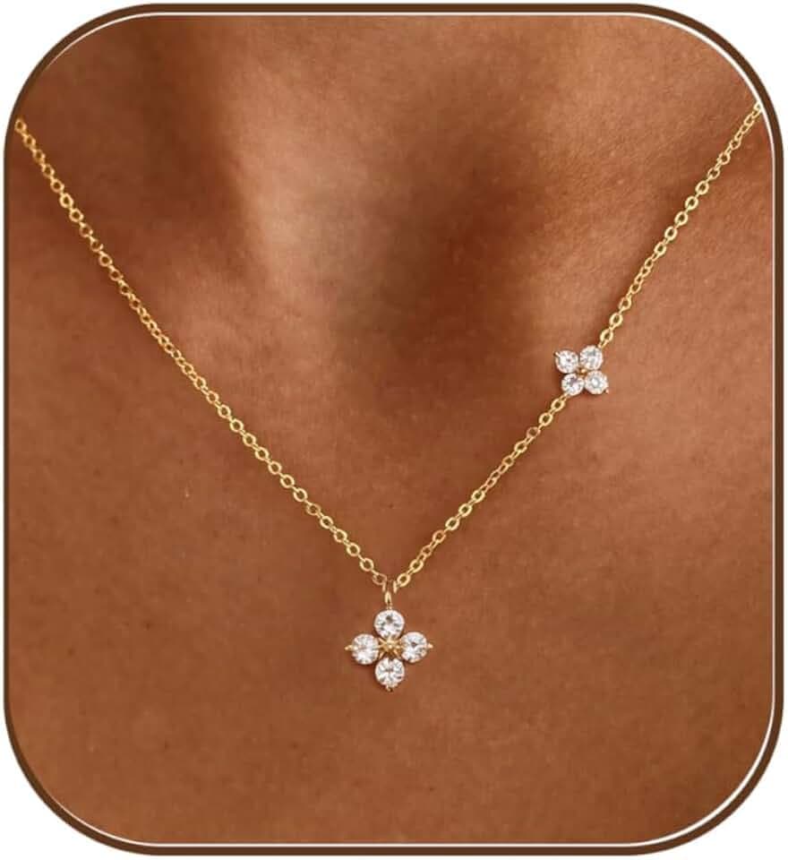 XIXINI Clover Necklace for Women,Dainty 14K Gold Plated CZ Pendant Necklace Non Tarnish Gold Necklaces for Women Trendy Clover Pendant Cute Necklaces Simple Gold Jewelry Gifts