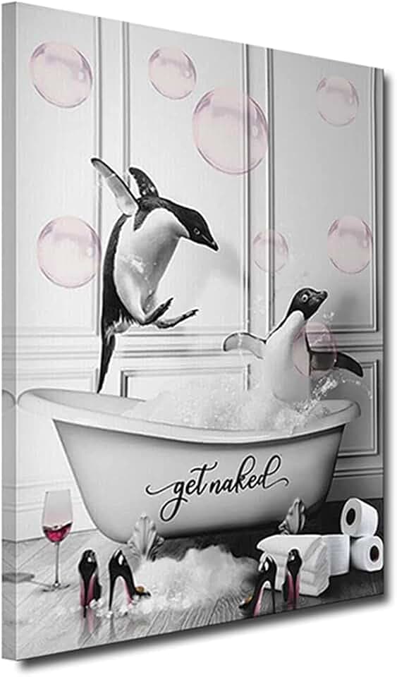 ZHONGYUTONG Badezimmer Wandbilder-Pinguine in der Badewanne mit Rosa Blasen lustige Tiere Bild Wanddekoration Gerahmt Schwarz Weiß Leinwandbilder Gemälde für Badezimmer (30x45cm)