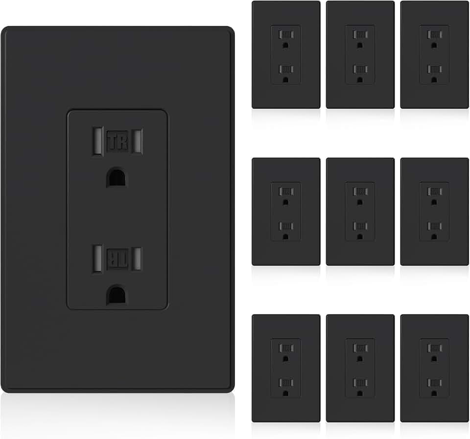 ELEGRP Matte Black Decorator Wall Receptacle Outlets, Tamper Resistant 15 Amp Standard Electrical Wall Outlet, Residential Grade, Self-grounding, 125V, Mid Size Wall Plate Included, UL Listed, 10 Pack