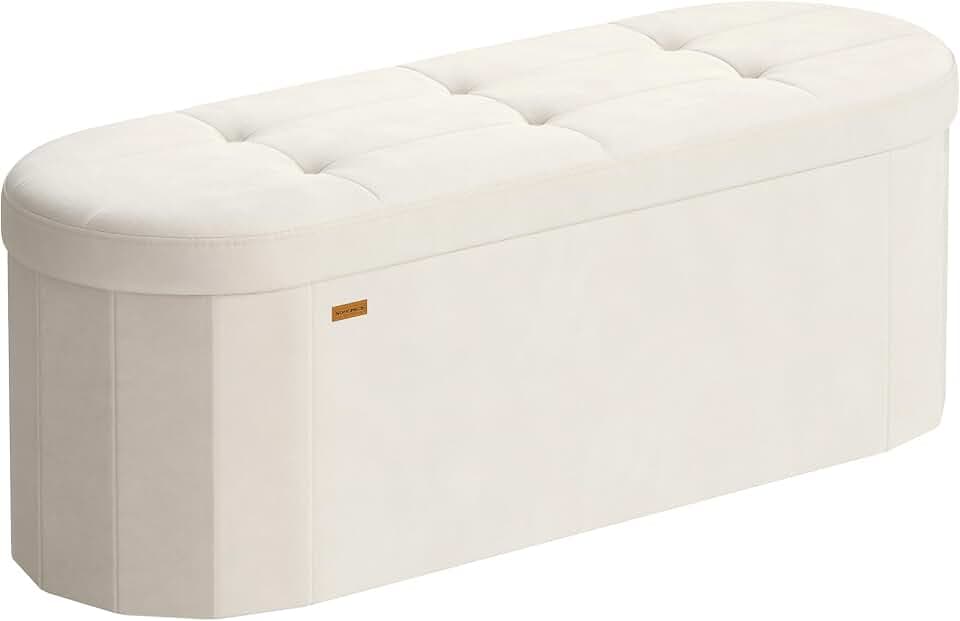 SONGMICS Folding Ottoman with Storage, Oval Bench, Velvet Fabric