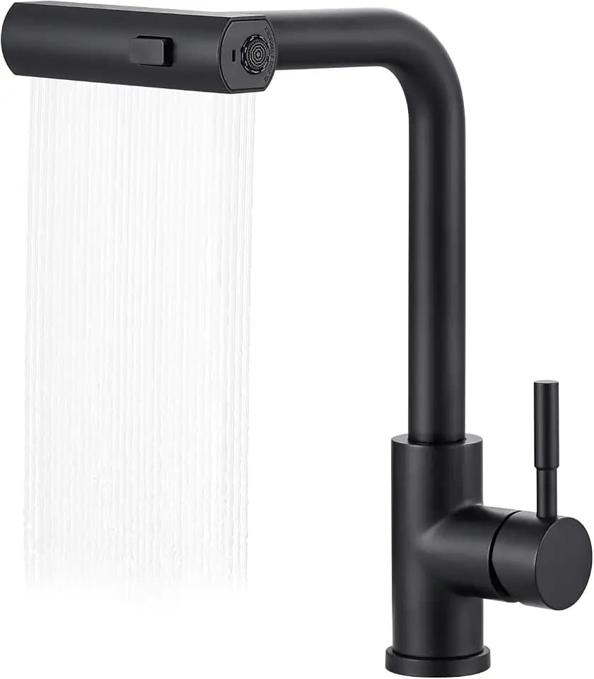 Wasserhahn Küche Ausziehbar, Mischbatterie mit Brause Hochdruck Wasserfall Spültischarmatur 360° Drehung Edelstahl Armatur Küche, 3 Wasserstrahlarten, schwarz