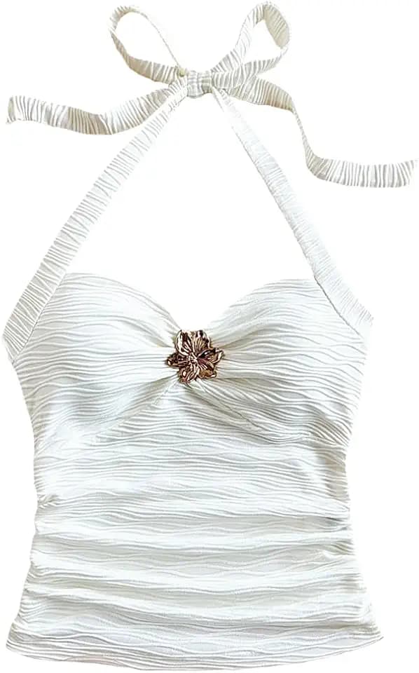 Women Sexy Tie Back Ruched Textured Halter Top Summer Slim Fit Sweetheart Neck Lace Up Backless Knit Tank Shirt