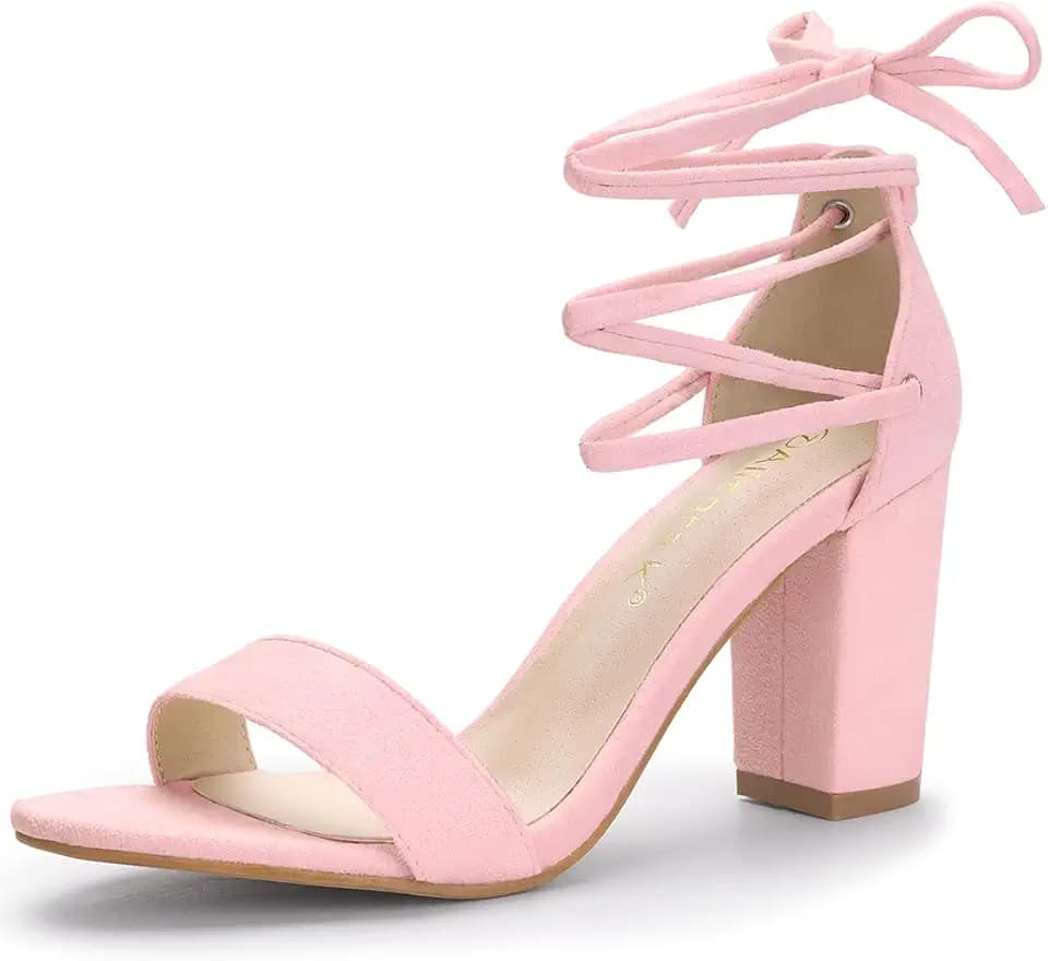 Allegra K Women Chunky Strappy Lace Up Heels Open Toe Sandal