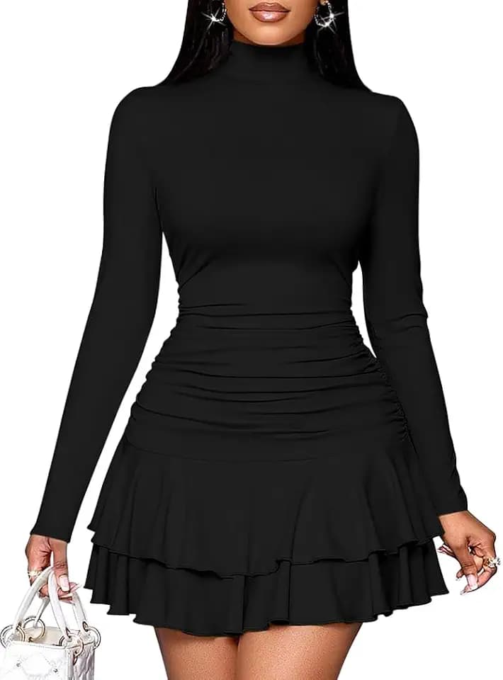 LAGSHIAN Women's Bodycon High Neck Long Sleeve Ruched Mini Dress