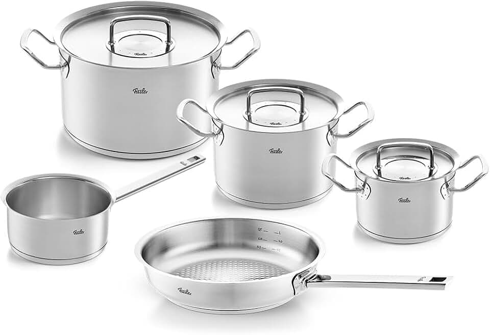 Fissler Original-Profi Collection/Edelstahl-Kochtopfset, 5-teilig, Topf mit Metall-Deckel (3 Kochtöpfe,1 Pfanne-unbeschichtet, 1 Stielkasserolle-deckellos) - Induktion