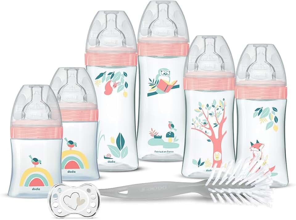 DODIE Set für Neugeborene – 6 Fläschchen gegen Koliken (2 x 150 ml; 2 x 270 ml; 2 x 330 ml), 1 anatomischer Schnuller, 0-2 Monate, 1 Flaschenbürste – BPA-frei – Rosa