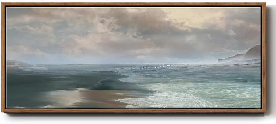 Renditions Gallery Abstract Wall Art Paintings Misty Coastal Landscape View Floater Frame Nature Prints for Bedroom Kitchen Office - 20"x50" Walnut Frame LT620