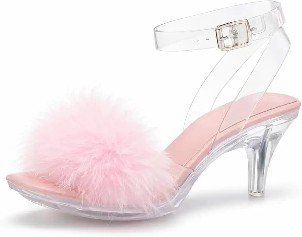 Women's Fuzzy Clear Heels Ankle Strap Stiletto Sandals Fluffy Feather Slip On High Heeled Party Prom Dresses Shoes