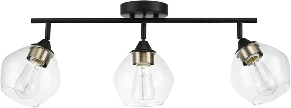 Globe Electric 59619 Harrow 3-Light Track Lighting, Matte Black, Antique Brass Accents, Clear Glass Shades, Bulbs Included, 650 Lumen