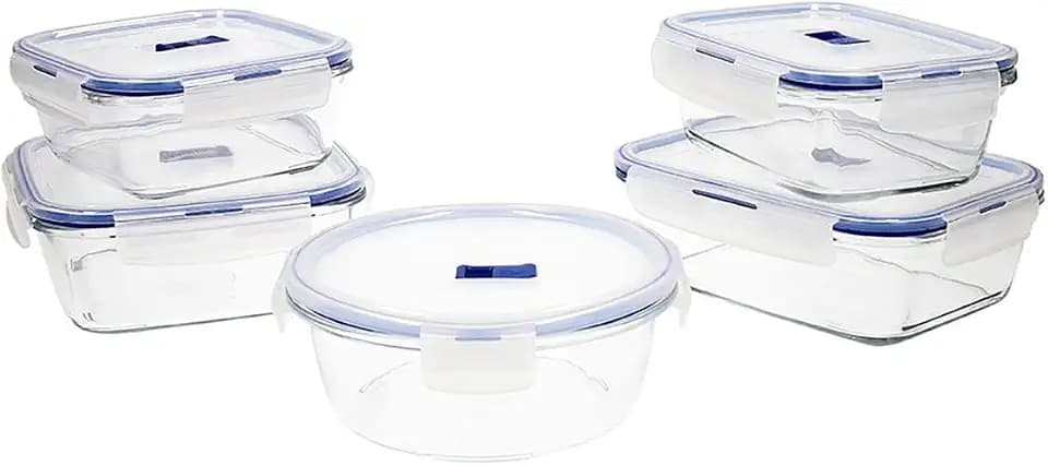 Luminarc Pure Box Active Set mit 5 luftdichten Glasbehältern, extra robust, BPA-frei, Mikrowellenventil, 0,76 + 0,82 + 0,92 + (2 x 1,22) L
