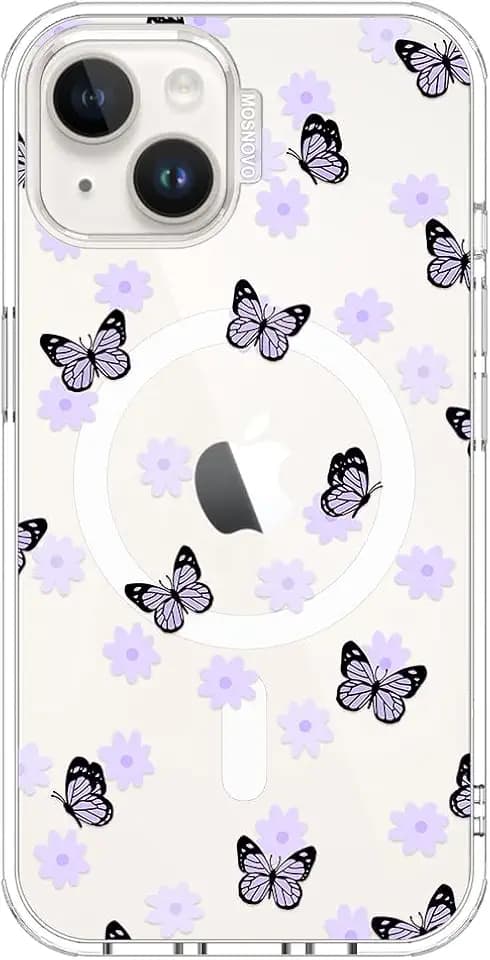 MOSNOVO Case for iPhone 14 / iPhone 13, [Compatible with Magsafe] [Buffertech 6.6ft Military-Grade Drop Protection] [Anti Peel Off Tech] Clear Phone Case Design - Lilac Butterfly