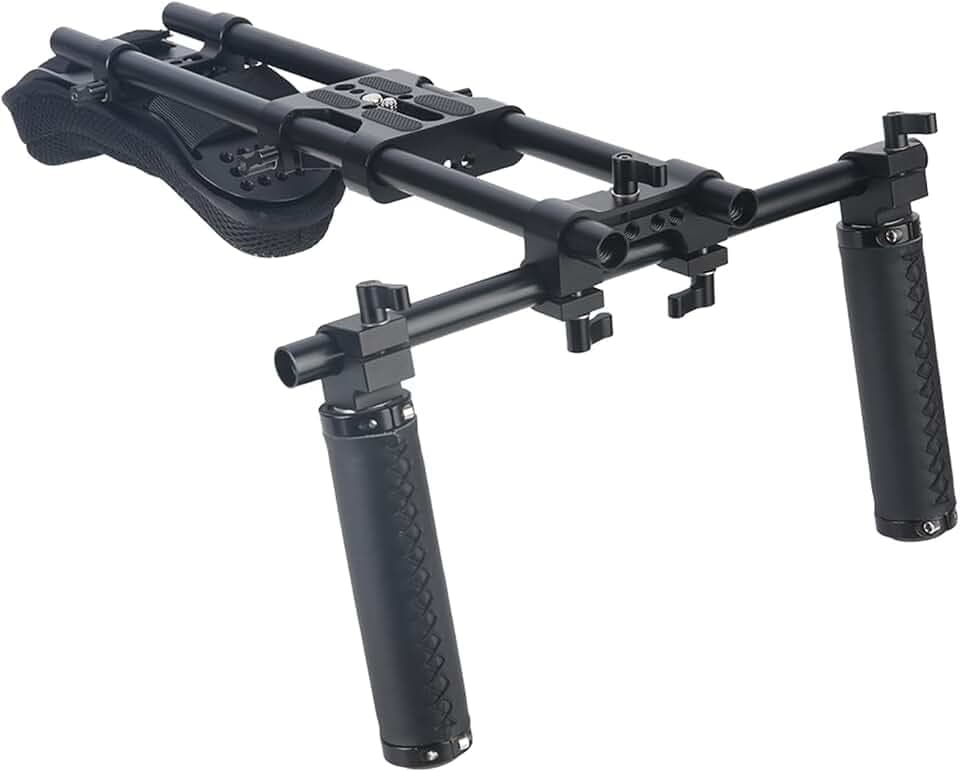 NICEYRIG Camera Shoulder Rig mit Dual Handgrip,Schulterpolster 15mm für spiegellose DSLR-Kameras, stabile Videoaufnahmen, Schulter-Rig mit Universal-Grundplatte,Aluminium-Legierung,15mm Stab,Griff-Set