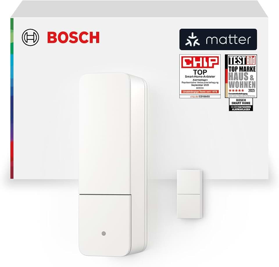 Bosch Smart Home Tür-/Fensterkontakt II [+M], smarter Sensor zum energieeffizienten Heizen und Einbruchalarm, flexible Nutzung im Bosch Smart Home System oder herstellerübergreifend in Matter Systemen