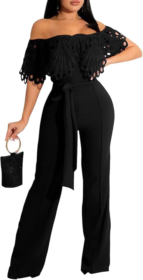 CutieLove Women Off Shoulder Belted Solid Wide Leg One Piece Jumpsuit