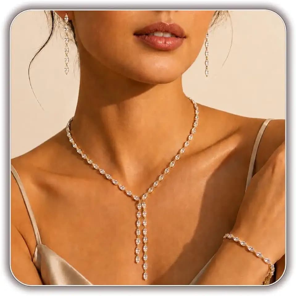Silver Y Rhinestone Necklace Earrings Bracelet Set, Jewelry Set for Women, Sparkly Crystal Bridal Wedding Jewelry Sets for Brides Bridesmaids Prom Party Accessories