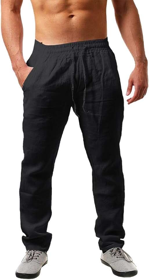 PASLTER Mens Cotton Linen Pants Casual Summer Beach Pants Dress Trousers