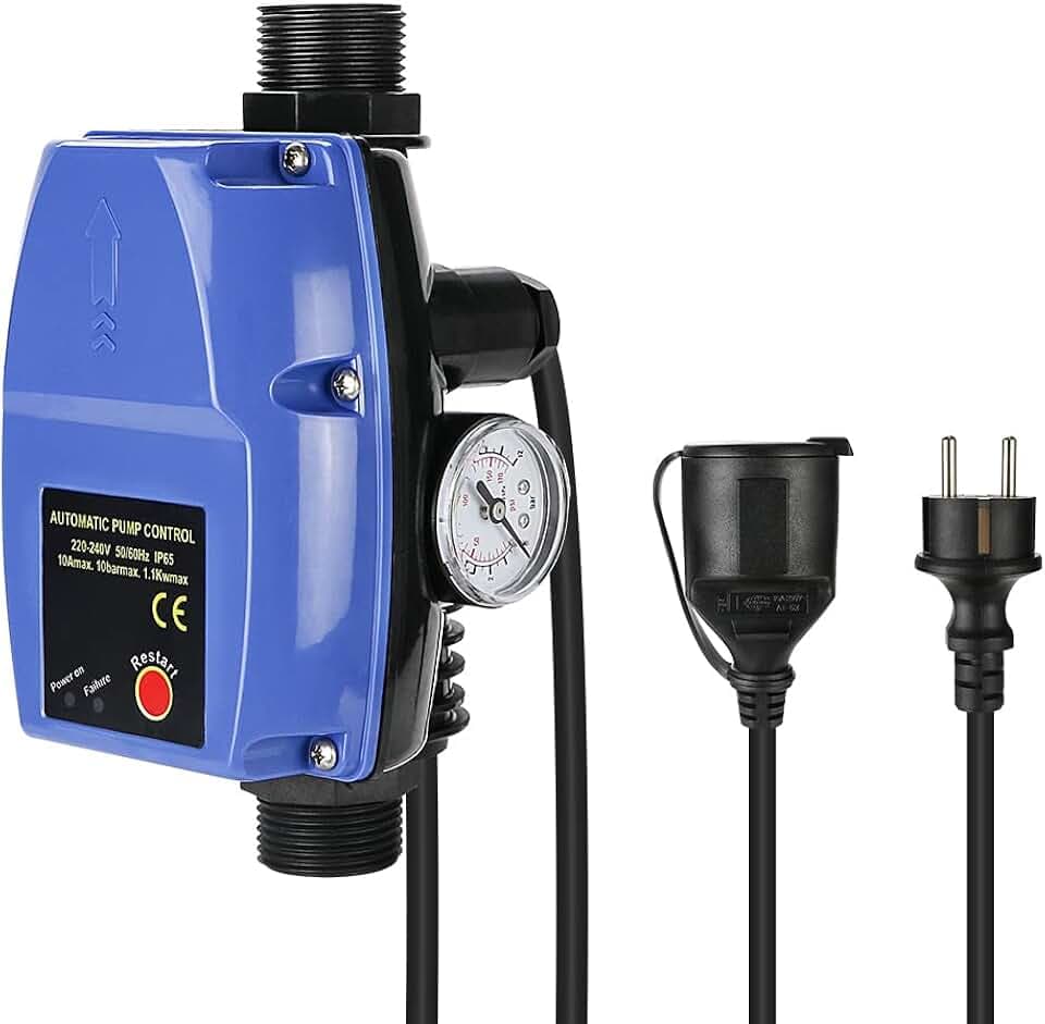 Pumpensteuerung Druckschalter mit Manometer & Kabel, Elektronischer Druckwächter max 10 bar, Durchflusswächter für Hauswasserwerk, Kreiselpumpe, Tauchpumpe, Tiefbrunnenpumpe und Gartenpumpe