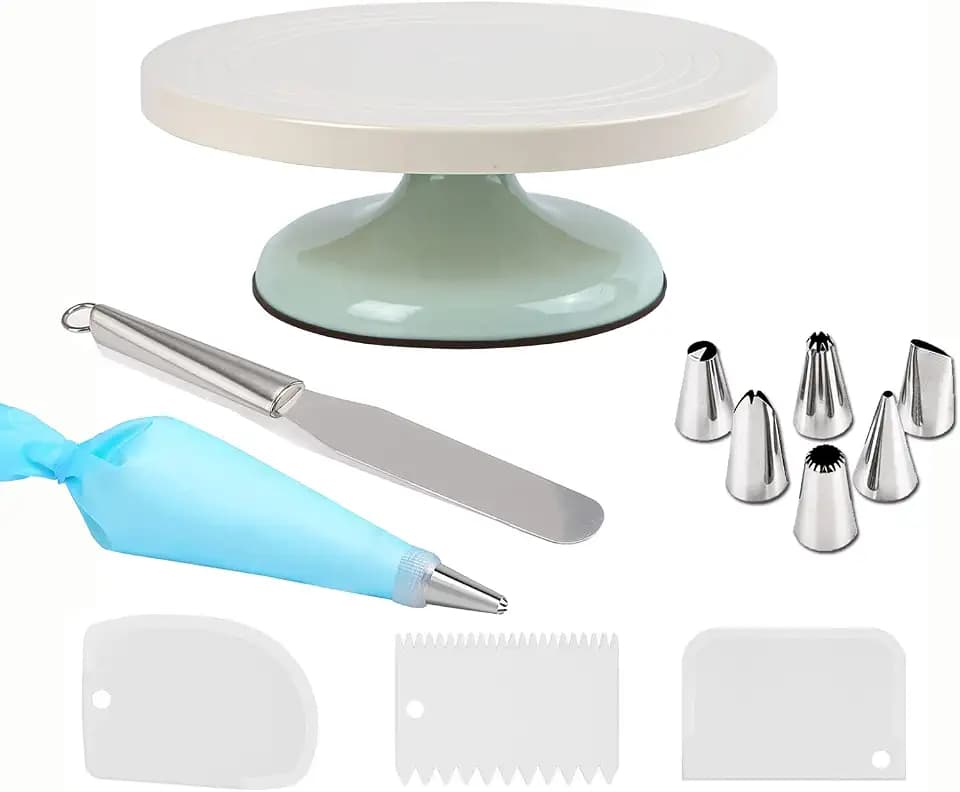 Drehbarer Kuchen-Ständer, Drehbarer Drehteller, Yizisch Drehkuchenteller mit 3-Creme-Schaber, Düsen Tipps Set, Edelstahl Eisspatel zum Backen, Gebäck Eismuster (Cyan)