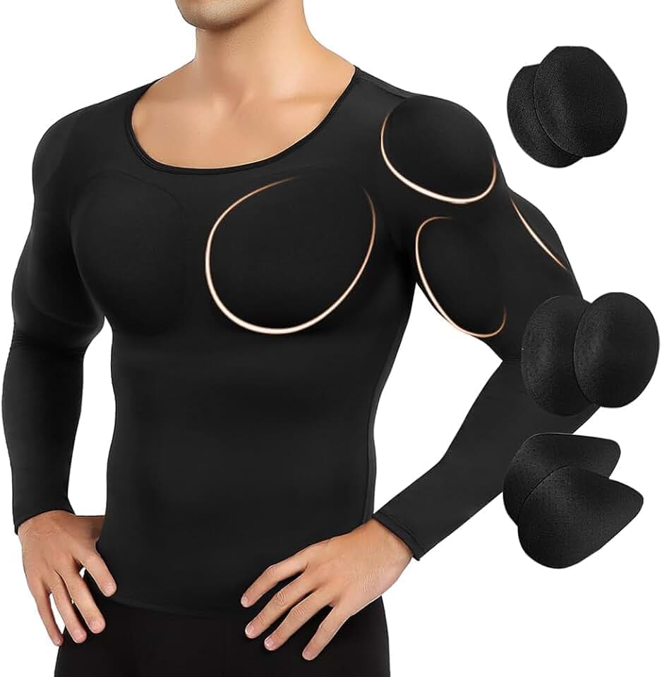 bslingerie Men Padded Compression Muscle Shirt Fake Chest & Shoulder Enhancer Undershirts T-Shirt Shapewear