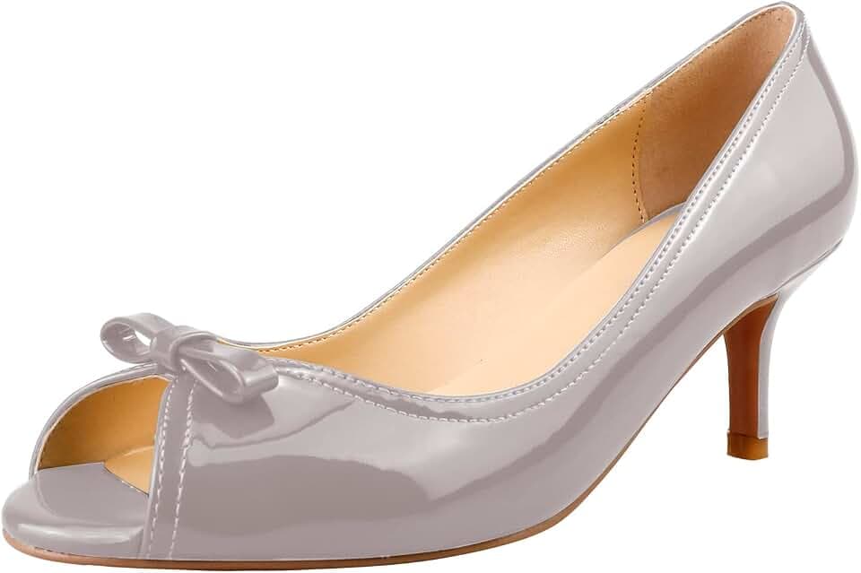 LEMUTISME Women's Kitten Heel Pumps - 2.4IN Patent Leather Peep Toe Bow Tie Formal Slip On Dress Shoes Spring Summer Fall