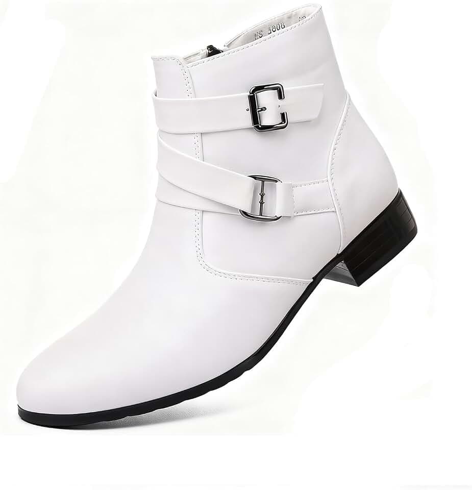 Men's Leather Chunky Heel Chelsea Boots Fashion Pointed Toe Side Zipper Chukka Booties Classic Buckle Strap Block High Heels High Top Formal Dress Ankle Boots