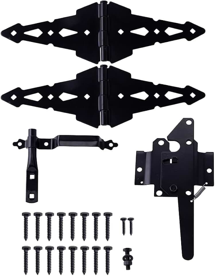 Fence Gate Hardware Kit, 8" Heavy Duty Strap Hinges and Spring Latch, Black