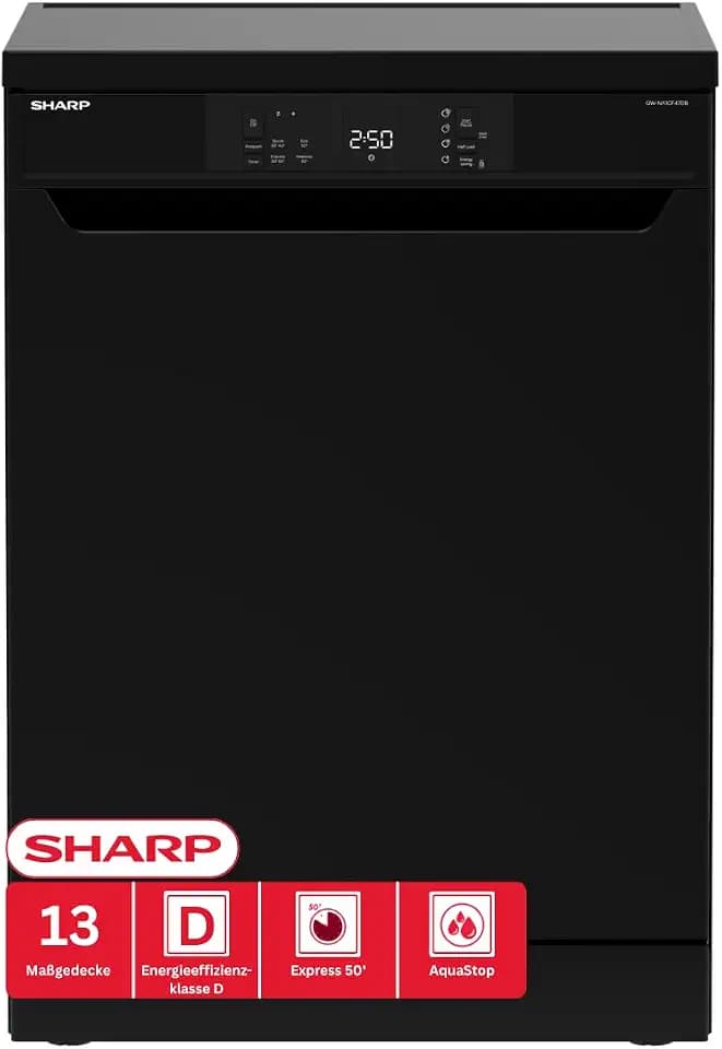 SHARP QW-NA1CF47DB-DE Freistehender Geschirrspüler (60cm), (13 Gedecke, EEK D), (4 Programme, AquaStop), Schwarz